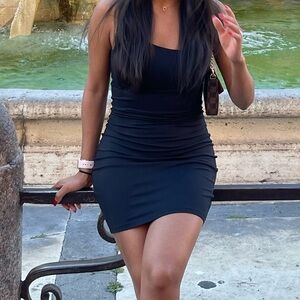 Black target asymmetrical strap dress